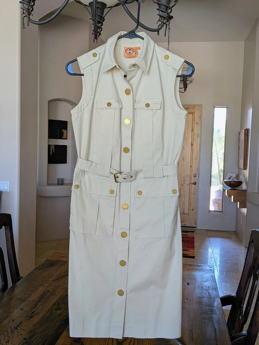 Tory Burch Khaki Colored Sleeveless Button-Front Belted Safari-Style Dress
